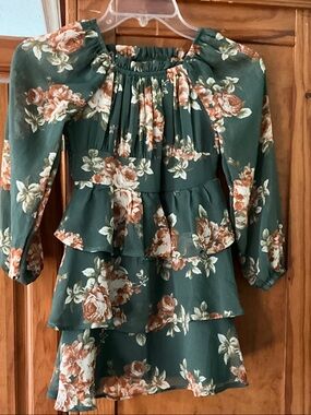 Rare Editions Girl’s Green Floral Tiered Ruffle Dress Sz10